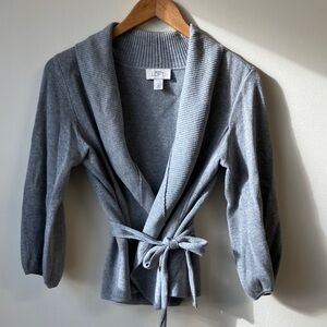 LOFT Heather Gray Knit Cardigan with Attached Belt